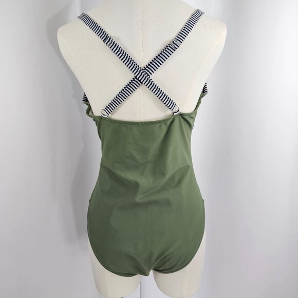 Women's High Waisted Cut Out Green Stripe Contrast One Piece Swimsuit Size L - Picture 8 of 11
